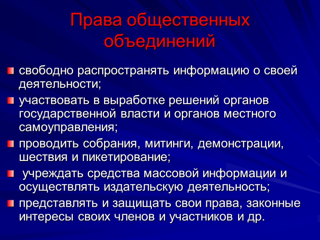 Права общественных объединений свободно распространять информацию о своей деятельности; участвовать в выработке решений органов